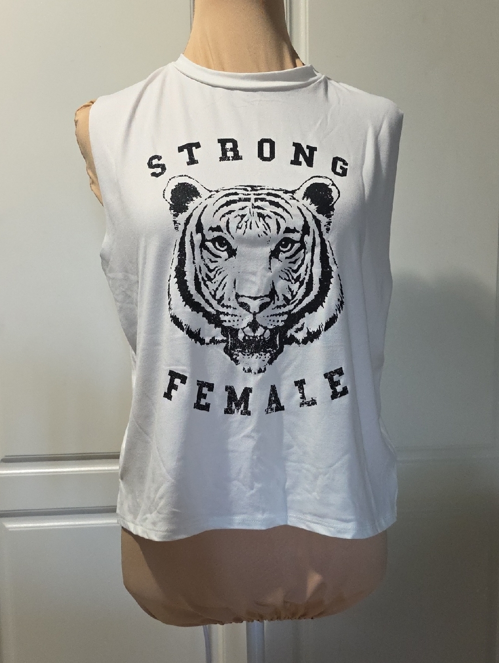 Strong Female Tiger Graphic Muscle Tank - White